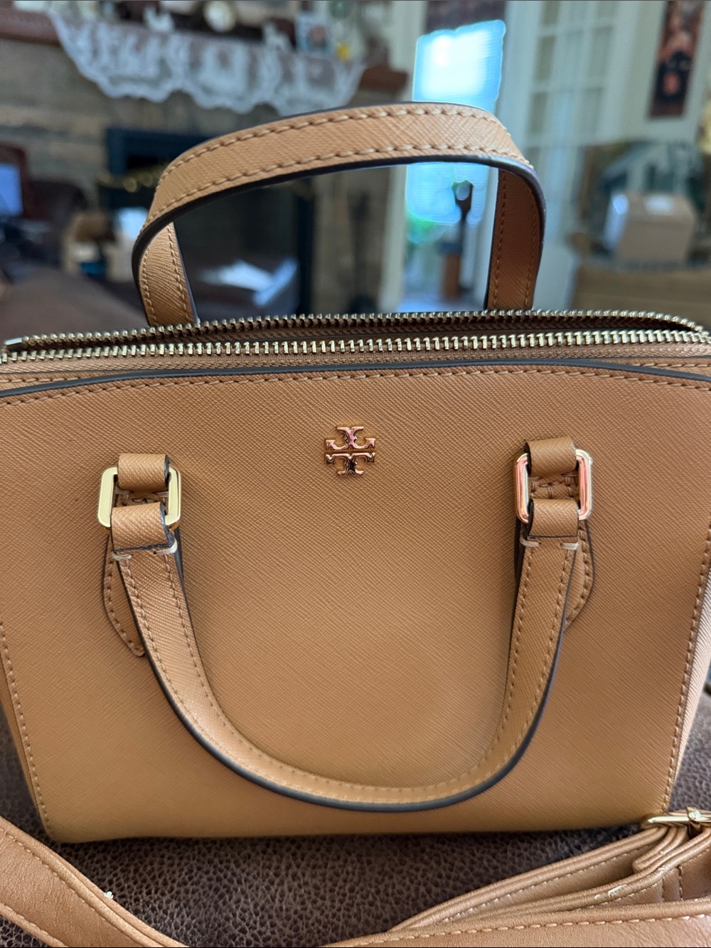 Tory Burch Camel Tan Saffiano Leather Emerson mini tote/Crossbody Satchel - Picture 2 of 4